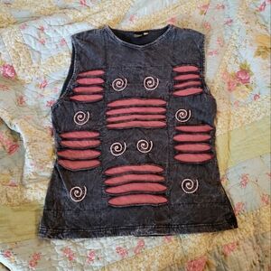 Men's Distressed Tank Top With Embroidery Hippie Shirt Size M Medium